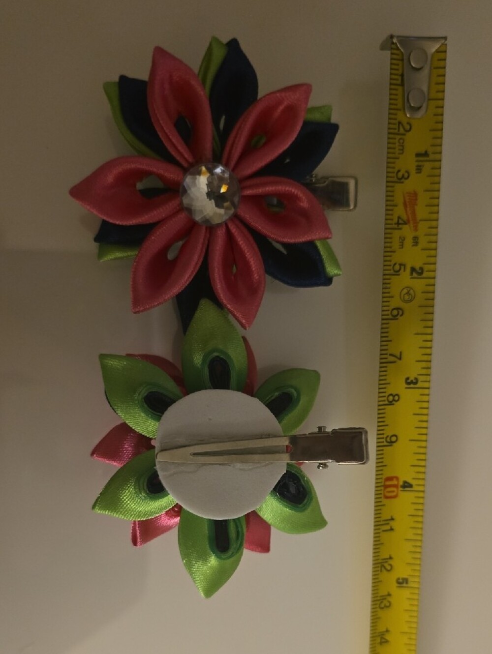 Handmade Pink Navy Green Floral Satin Hair Clips with Crystal Accent - Picture 4 of 5